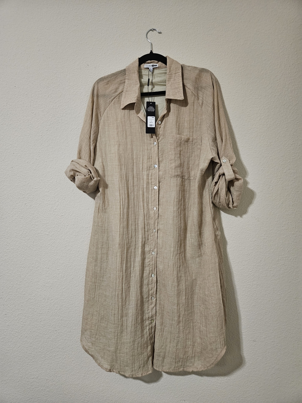 Fashion Nova Tan Linen-Blend Midi Shirt Dress